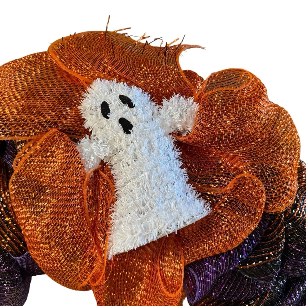 Ghost & Pumpkins Vibrant Purple & Orange Halloween Deco Mesh Wreath – 25″